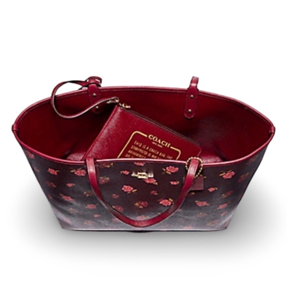 Coach Reversible City Tote Bag Tossed Peonies Oxblood/Cherry Coated Canvas - Picture 5 of 14